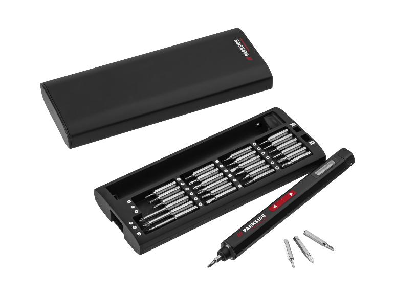Schwarzes Schraubendreher-Set mit Bits und elektrischem Präzisionsschraubendreher in einem Etui.