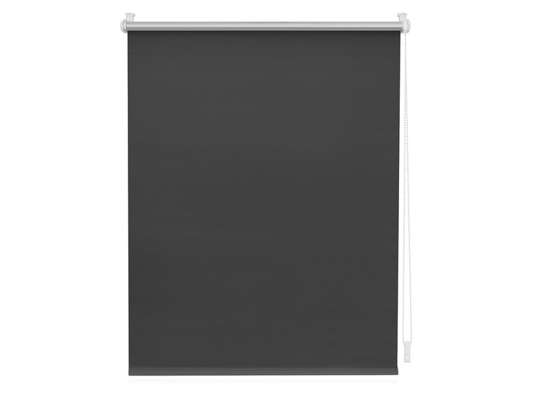 Ein dunkelgraues Rollrollo mit einer Kettenbedienung.