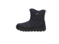 Dunkelblaue gesteppte Schneestiefel mit Berg-Logo und „WATERPROOF“-Schriftzug.