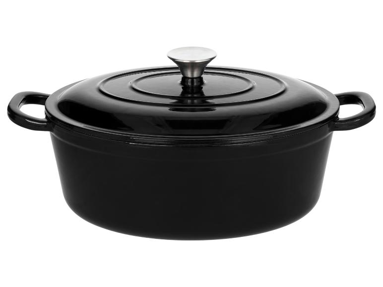 Schwarzer Gusseisentopf mit Griffen und Deckel mit silbernem Knauf.