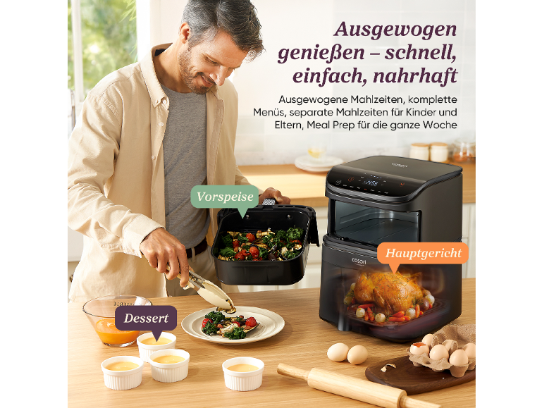 Mann bereitet ausgewogenes Essen mit Heißluftfritteuse zu, inklusive Vorspeise, Hauptgericht und Dessert.