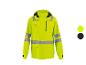 Gelbe Warnschutzjacke mit reflektierenden Streifen und Farboptionen.
