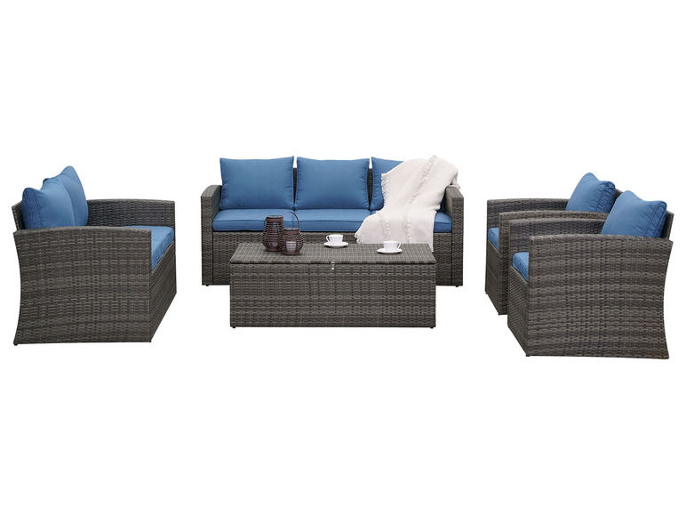 Gehe zu Vollbildansicht: MeXo Gartenmöbel 7-Sitzer Lounge-Set, mit Tisch und Aufbewahrung inkl. Polster, grau/blau - Bild 5