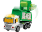 Grüner und weißer Spielzeug-Müllwagen mit Lichtern und Recyclingsymbol.
