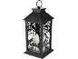 Schwarze dekorative Laterne mit Raben- und Baum-Silhouetten, Halloween-Stil.
