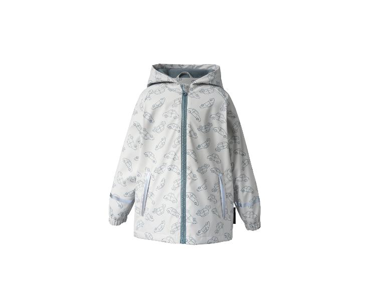 Weiße Kinderregenjacke mit blauem Autodruck und Reißverschluss.