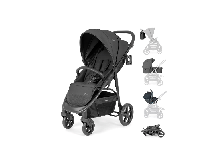 BABYGO Kinderwagen Evolution 3in1 Full Set in Schwarz mit verschiedenen Aufsätzen.