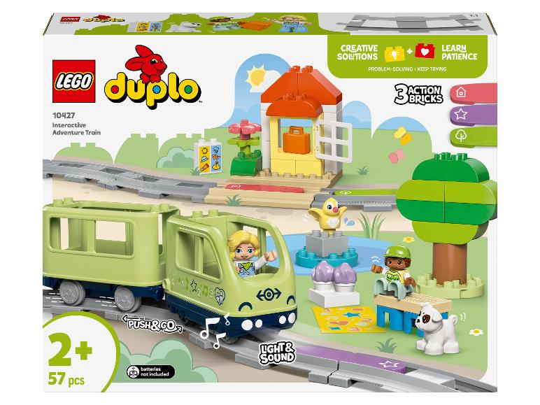 LEGO Duplo Box mit dem interaktiven Abenteuerzug und Zubehör.