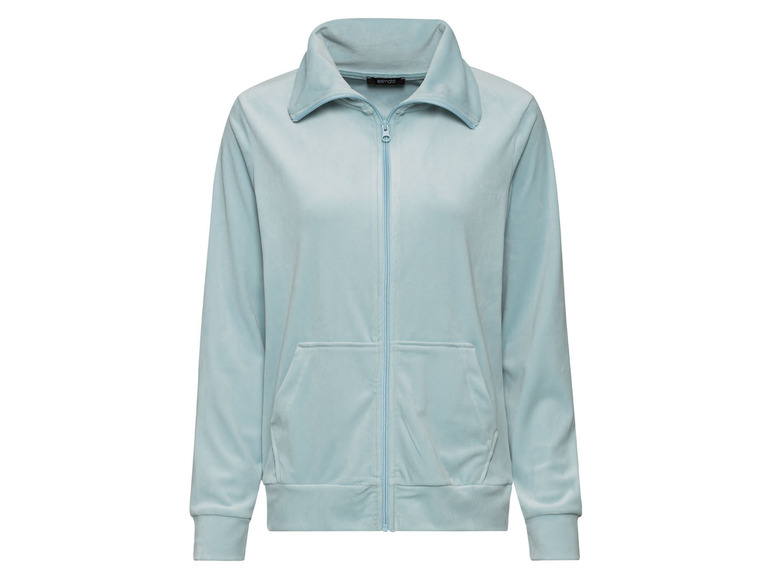 Eine hellblaue Samtjacke mit Reißverschluss