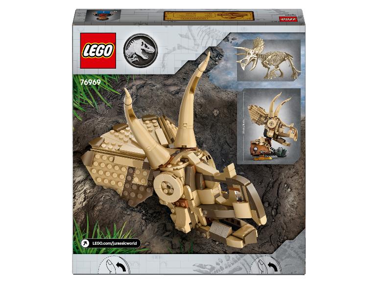 LEGO Jurassic World Box mit einem aus Steinen gebauten Triceratops-Schädel und einem Dinosaurierskelett.
