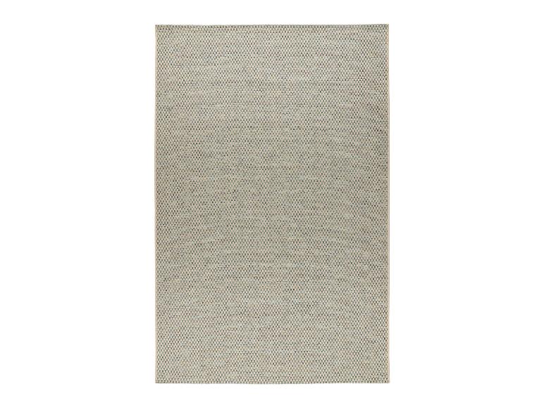 Rechteckiger Flachwebteppich mit dezentem Karomuster in Beige und Blau.