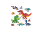 Bunte Perlen-Dinosaurierfiguren und Zubehör, inklusive Vulkan und Knochen.