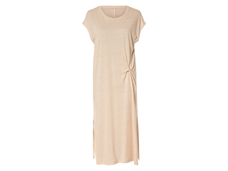 Ein langes, beiges T-Shirt mit kurzen Ärmeln