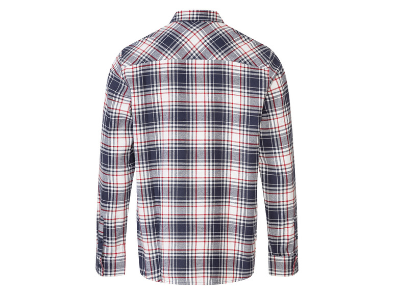 Ein langärmliges Karohemd in Dunkelblau, Rot und Weiß.