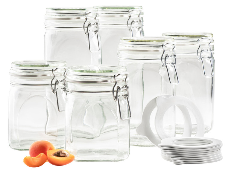 Ein Satz Glasbehälter mit Dichtungsringen, ideal zum Aufbewahren von Lebensmitteln.