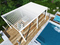 Ein weißes Pergola-Dach über einer Holzterrasse mit einem Pool daneben.