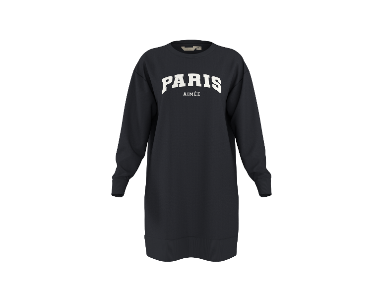 Dunkelblaues Langarmkleid mit weißem „PARIS AIMÉE“-Schriftzug.