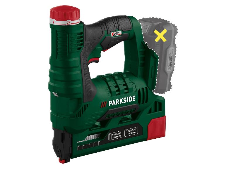 PARKSIDE X 20V TEAM Akku-Elektrotacker in Grün und Schwarz, mit grauem Akku.