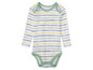 Ein gestreiftes Baby-Body mit langen Ärmeln.