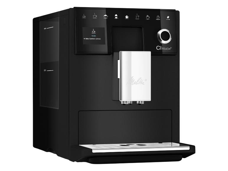 Schwarze Melitta CI Touch Kaffeemaschine mit Display und Bedienfeld.