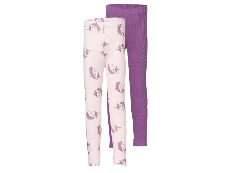 Zwei Kinderleggings: eine rosa mit Einhorn-Print und eine einfarbige lila.