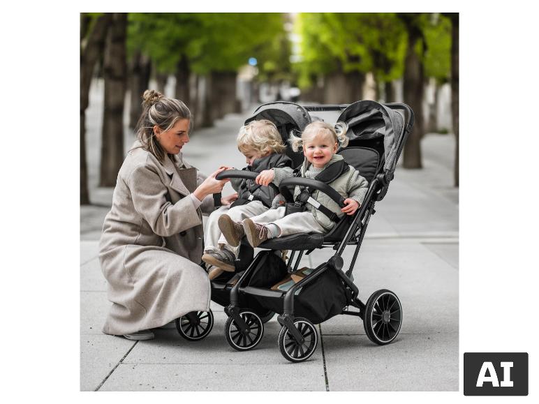 BABYGO GO Twiche Geschwisterwagen mit einer Mutter und zwei Kleinkindern auf einem Weg [KI-generiertes Bild]