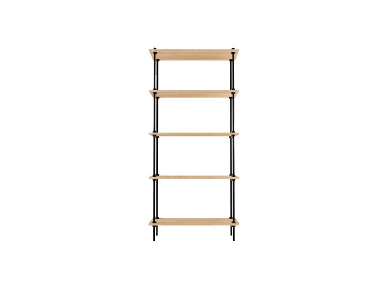 Holzregal mit fünf Ebenen und schwarzem Metallrahmen.