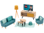 Puppen-Wohnzimmermöbel-Set: Sofa, Sessel, Tische, Lampe, TV-Schrank mit Fernseher.