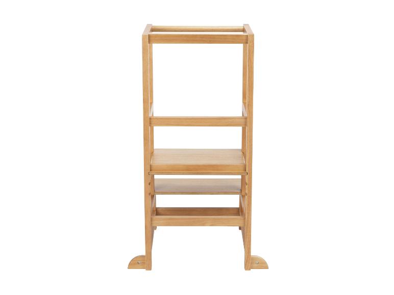 Verstellbarer Küchenhocker aus Holz für Kinder in Naturholzfarbe.