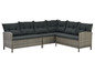 Wicker-Ecksofa mit grauen Kissen für den Außenbereich.