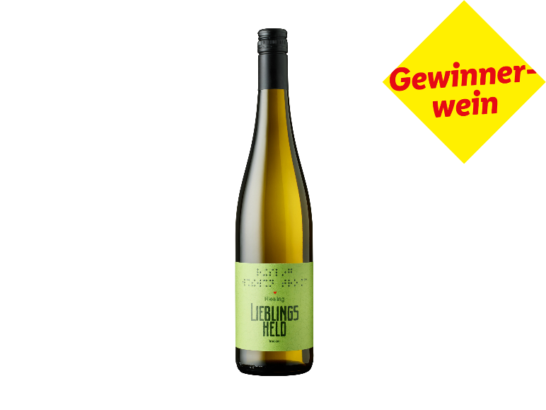 Lieblingsheld Riesling trocken mit einem gelben 'Gewinnerwein'-Badge.