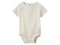Baby-Kurzarmbody in Beige, aus gekrepptem Stoff.