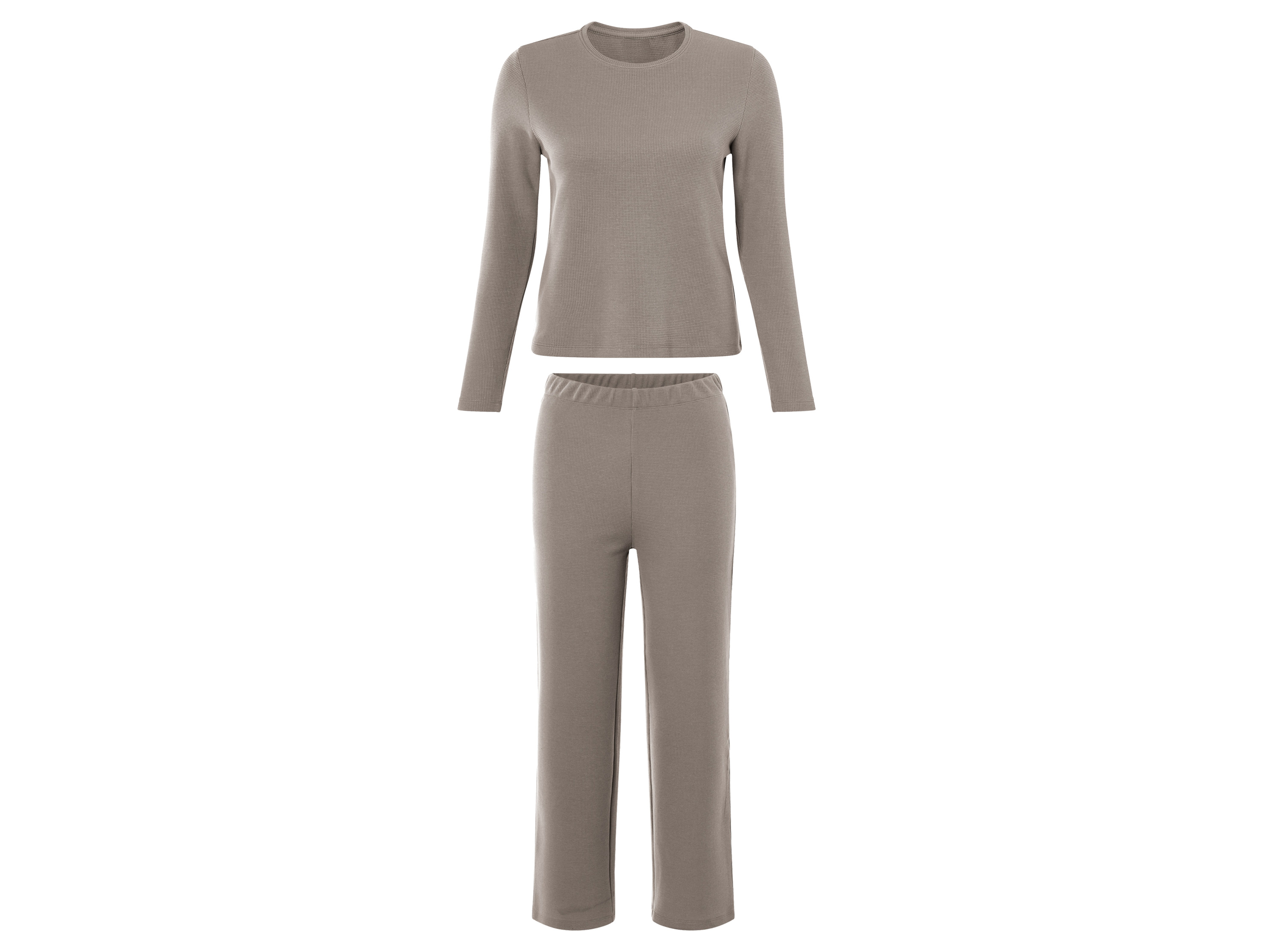 esmara® Damen Pyjama lang (Beige, L (44/46))““ | grau Muster: – Detail: mit Waffelstruktur Hose: mit bequemem Gummizugbund gerade geschnitten hoher Leibhöhe Ausschnitt: Rundhalsausschnitt Kragenform: – Material: Baumwolle, 40 % Polyester recycelt Pflegehinweis: waschen bei max. 40 °C nicht bleichen nicht im Wäschetrockner trocknen bügeln bis 150 °C Stufe 2. Dampfbügeleisen kann verwendet werden nicht trockenreinigen Größe: XS 32/34 – L 44/46 Meine Lidl-Größe – so einfach gehts Deine Größe findest du in der Lidl-Größentabelle . Oeko-Tex® Standard 100 Geprüft auf Schadstoffe Zertifizierungsnummer: 21.Hbd.84989 Hohenstein Htti Standard 100 by Oeko-Tex® ist die weltweit bekannteste, unabhängige Zertifizierung schadstoffgeprüfter Textil- und Lederprodukte aller Art – vom Garn und den Stoffen bis hin zum gebrauchsfertigen Artikel. Das Label bestätigt
