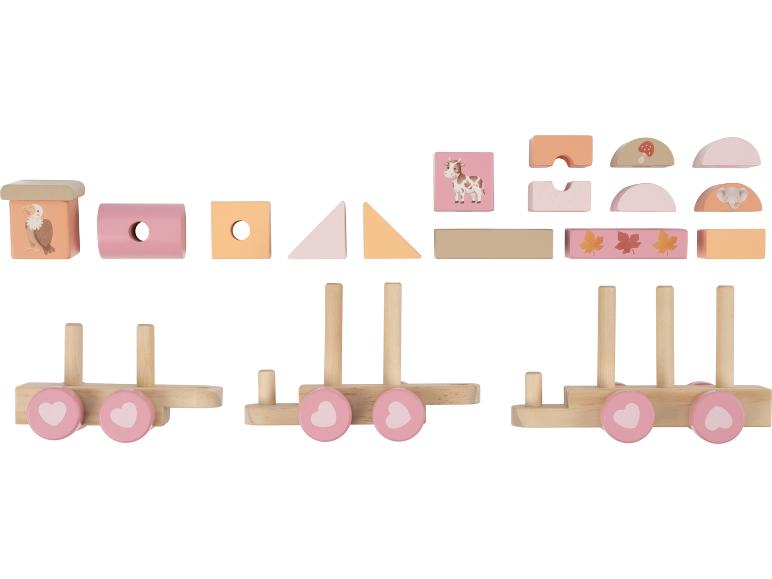 Holzeisenbahn-Set mit Tier- und Blattmotiven, in Rosa- und Orangetönen.