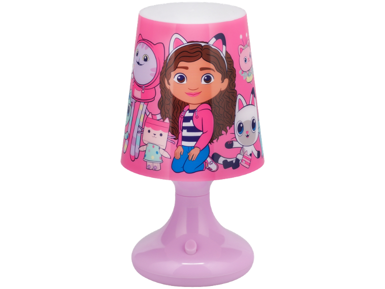 Rosa Tischlampe mit einem Mädchen und Katzenfiguren.