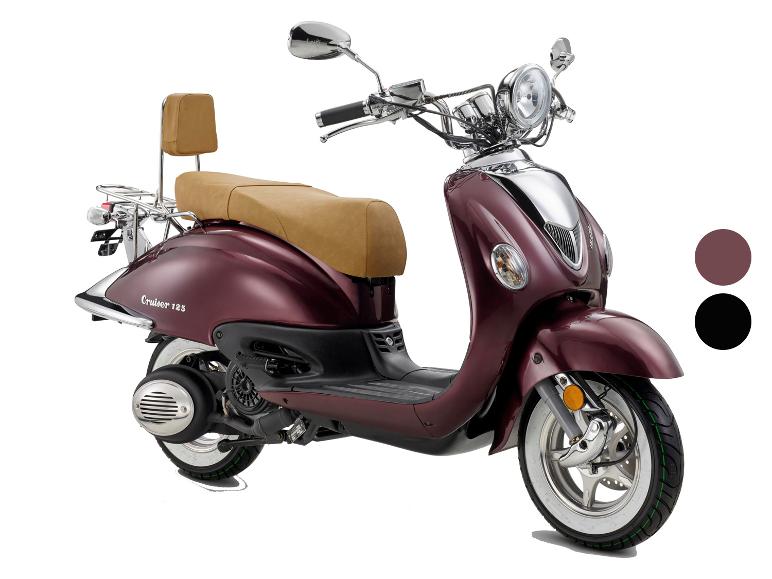 Weinroter Roller mit braunem Sitz und Chromdetails, mit der Aufschrift „Cruiser 125“.