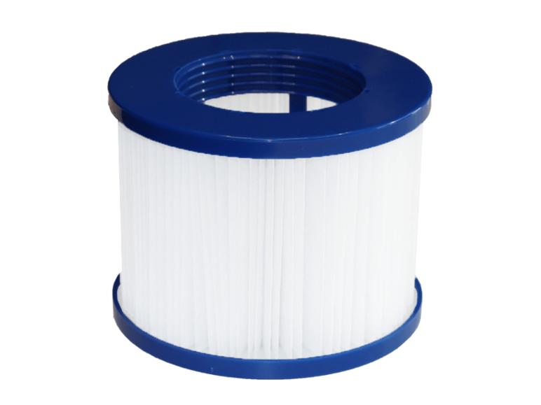 Weißer Poolfilter mit blauem Ober- und Unterrand
