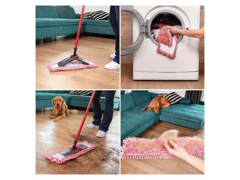 Ein Vileda Mopp reinigt den Boden, mit einem Hund und einer Waschmaschine.