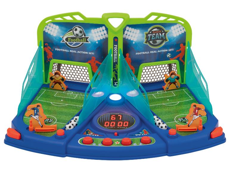 Ein Fußballspiel mit zwei Toren, einer Anzeigetafel und Knöpfen zum Spielen.