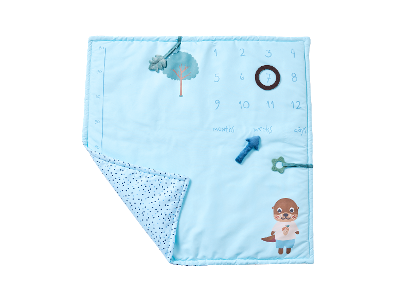 Blaue Baby-Spielmatte mit Zahlen, Tieren und Maßband.