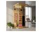 Infrarotsauna aus Holz mit Glaspaneelen in einem modernen Wohnzimmer mit Pflanzen.