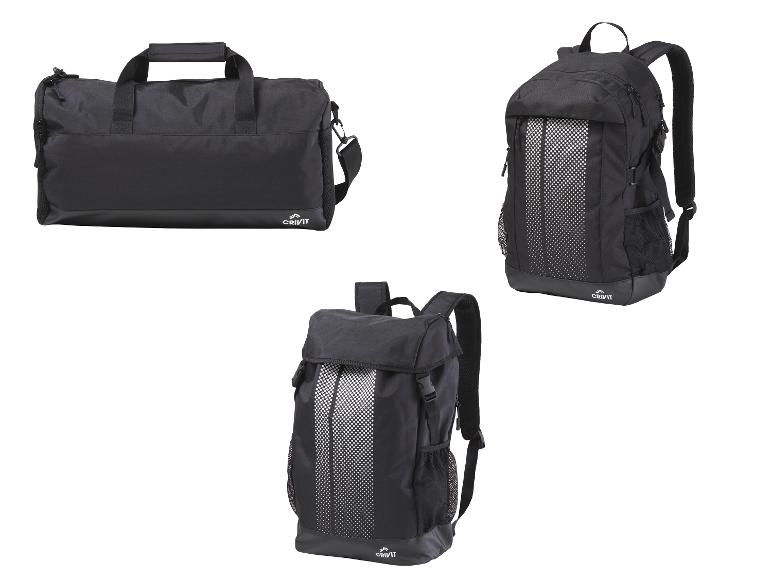 Schwarze CRIVIT Sporttasche und zwei Rucksäcke mit Punktmuster.