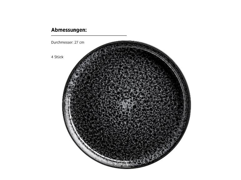 Schwarz gesprenkelter Teller, 27 cm Durchmesser, 4 Stück.