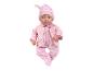 Babypuppe in einem rosa Blumen-Schlafanzug und einer gesteppten rosa Jacke mit passender Mütze