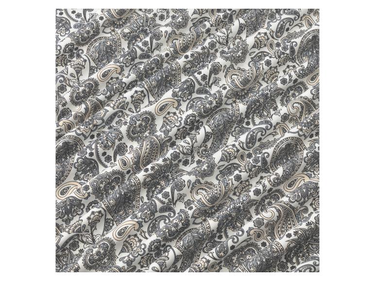 Weisser Stoff mit Paisley-Muster in Grautönen und Beige.