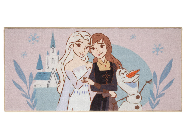 Elsa, Anna und Olaf auf einem rosa Teppich mit einem Schloss.