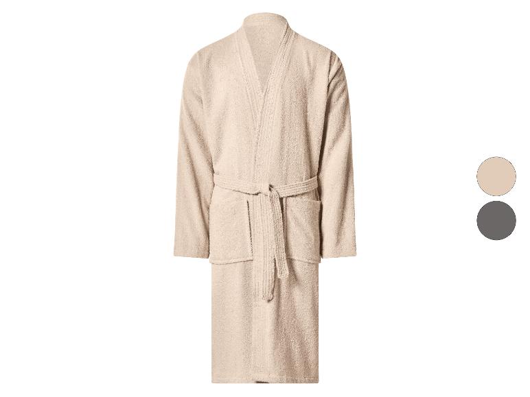 Beiger Bademantel mit Gürtel und Taschen, gezeigt mit Farbauswahloptionen.