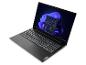 Dunkelgraues Laptop mit geöffnetem Bildschirm, der einen blauen Hintergrund und ein Menü zeigt