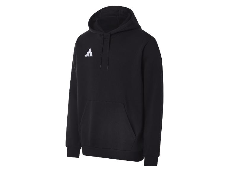 Schwarzer Kapuzenpullover mit weißem Logo auf der linken Brust und Kängurutasche.