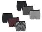 Sechs Herren-Boxershorts in Schwarz, Grau, Bordeaux und gestreiften Mustern.
